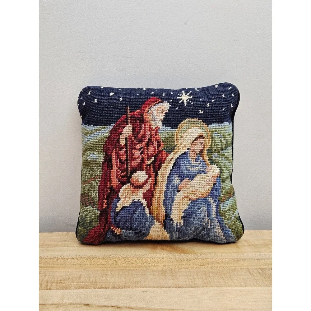 Tapestry Needlepoint Pillow The Virgin Mary Jesus Birth Nativity Christmas 9